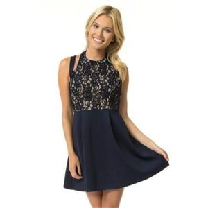 Teeze Me Juniors' Sleeveless Lace Crisscross Dress (3/4, Navy Nude)